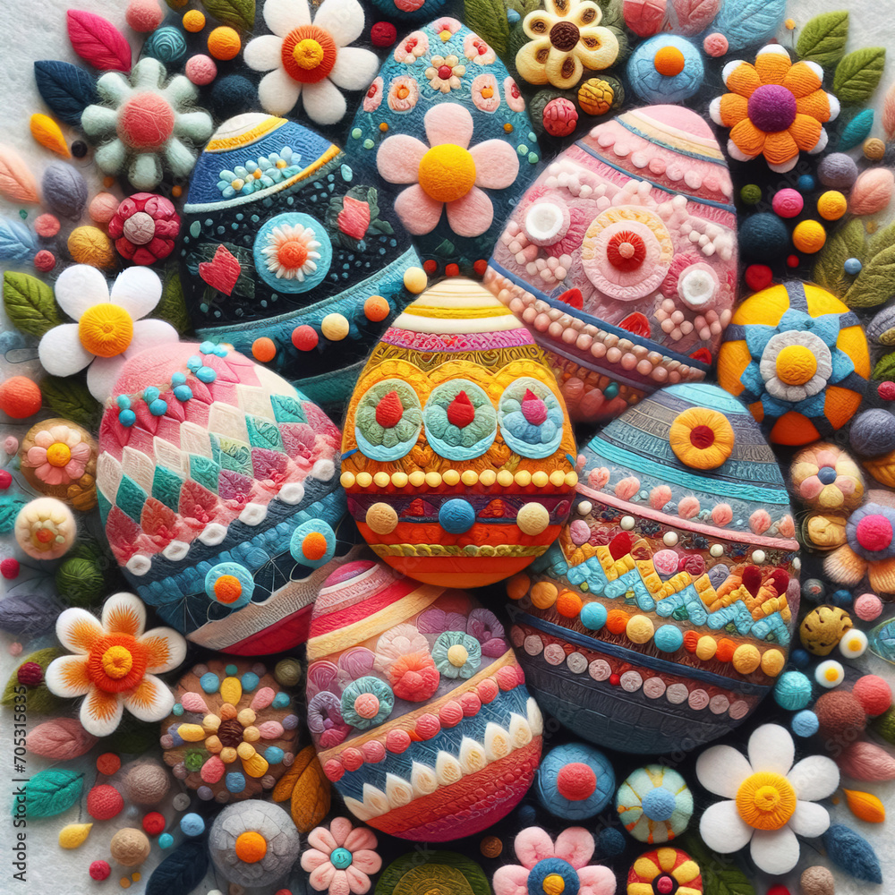 Felt art patchwork, Easter eggs with spring flowers, colorful holiday Felt art patchwork, Easter eggs with spring flowers, colorful holiday