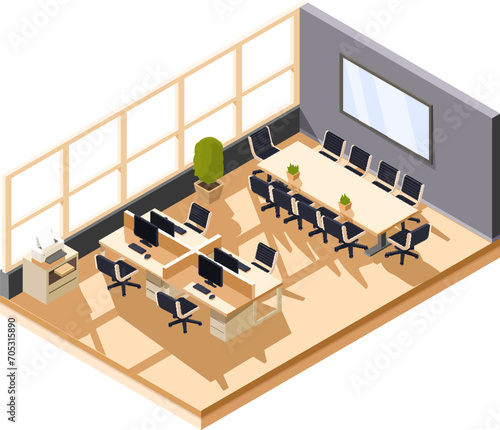 isometric office space with workplaces and conference table, vector illustration