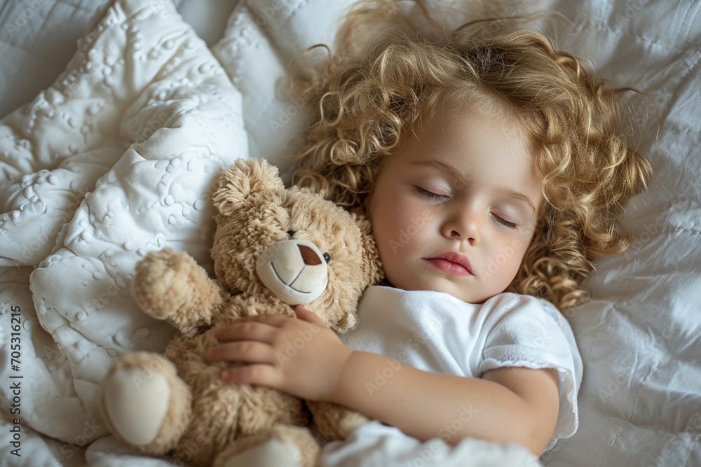 A charming little girl with blonde curly hair sleeps serenely on white bed linen, gently hugging a soft teddy bear, the concept of sleep and rest, healthy lifestyle and development A charming little girl with blonde curly hair sleeps serenely on white bed linen, gently hugging a soft teddy bear, the concept of sleep and rest, healthy lifestyle and development