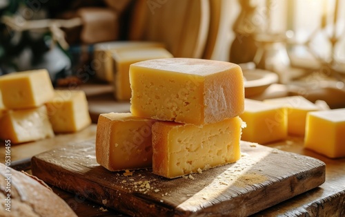 High quality different cheeses with rich textures and varying shades on a wooden kitchen table