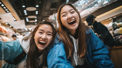 Two Asian friends laughing and taking a selfie in a store