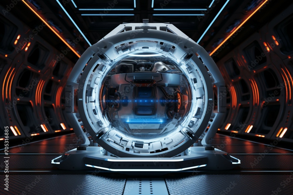 Cryopod technology Circle capsule with cables, frozen liquid in glass
