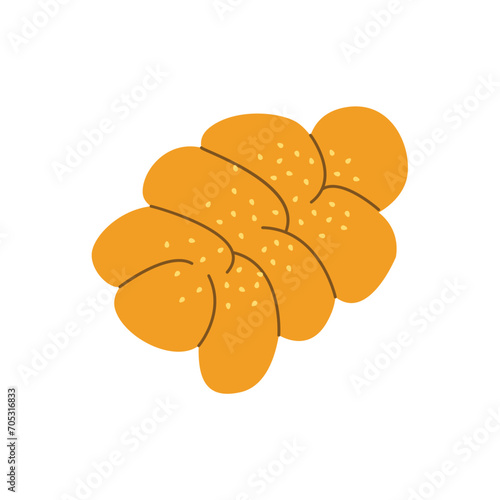 Icon fresh homemade braided egg bread or challah with sesame seeds. Vector illustration. Food and bakery products. Carbohydrates. 
