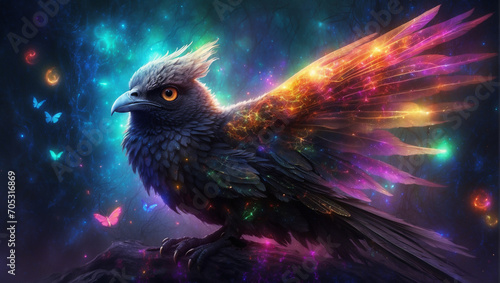 Beautiful colorful black bird in a colorful magickal background	 photo