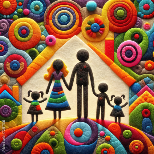 Felt art patchwork, happy family concept,