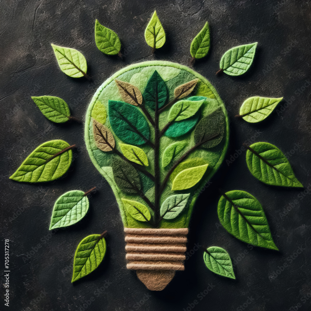 Felt art patchwork, Eco friendly lightbulb from fresh leaves, concept of Renewable Energy and Sustainable Living, Generative AI - obrazy, fototapety, plakaty 