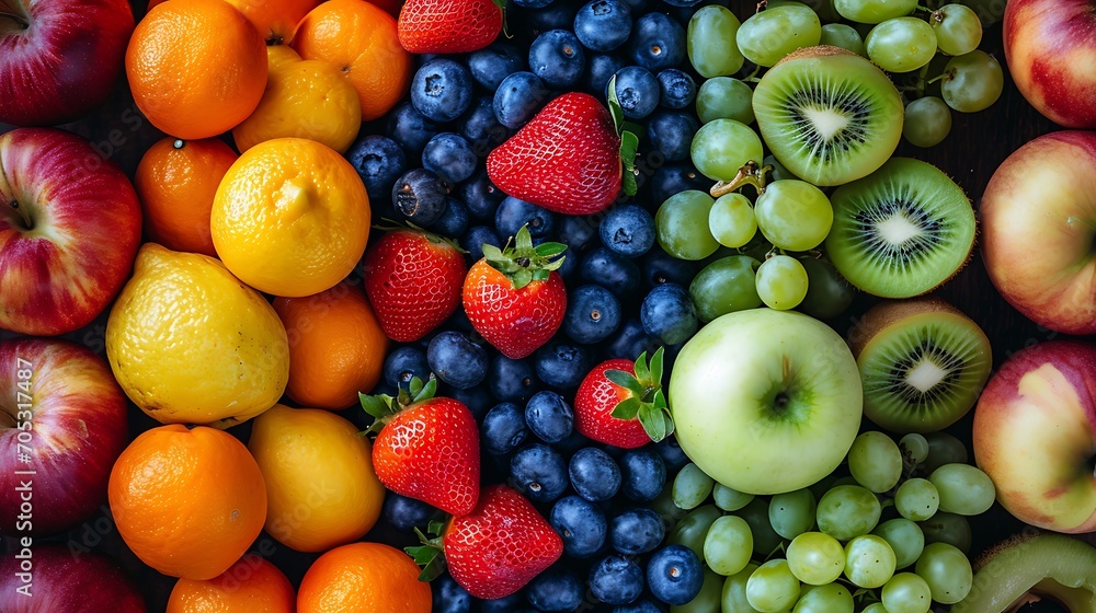 Various kinds of brightly colored fruits are piled up everywhere. Various kinds of brightly colored fruits are piled up everywhere.