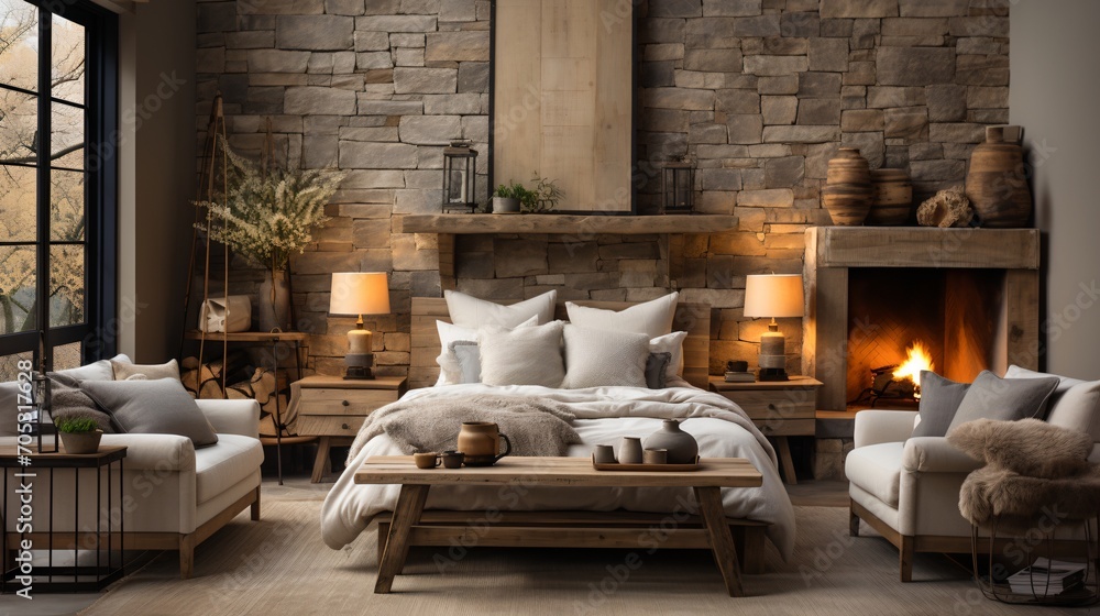 Modern rustic cozy home interior design with fireplace Modern rustic cozy home interior design with fireplace