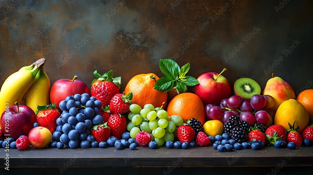 Various kinds of brightly colored fruits are piled up everywhere. Various kinds of brightly colored fruits are piled up everywhere.