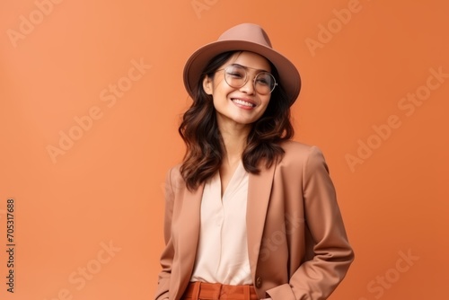 portrait of a beautiful smiling asian woman wearing hat and glasses
