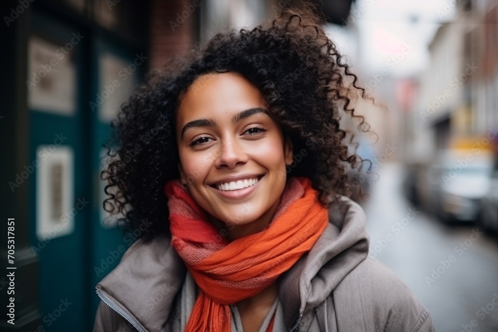 Portrait of a beautiful young woman with curly hair smiling in the city Portrait of a beautiful young woman with curly hair smiling in the city