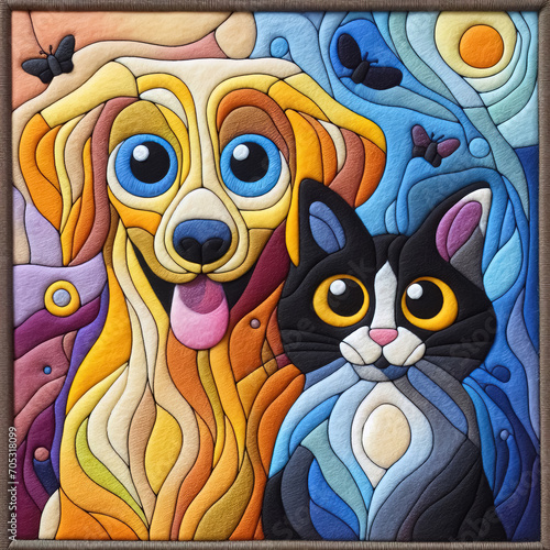 Felt art patchwork, Portrait of Happy dog and cat