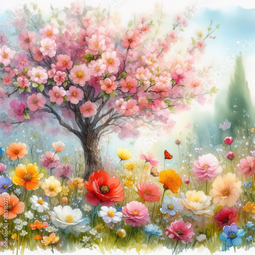 Watercolor of colorful spring flowers in nature