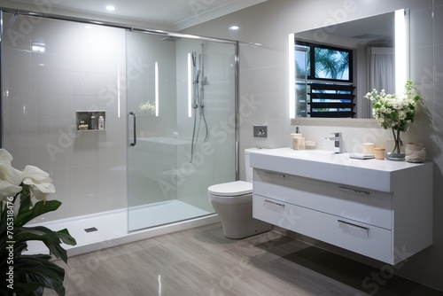 Modern bathroom with large shower and double vanity