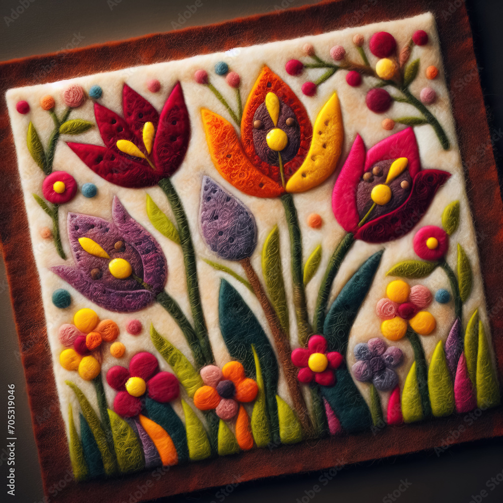 Felt art patchwork, Spring flowers in nature, Beautiful blooming flowers. Spring-summer garden, fairy tale nature