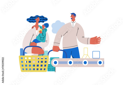 Mutual Support: Skip ahead in line -modern flat vector concept illustration of man letting woman with child go ahead in shop checkout line A metaphor of voluntary, collaborative exchanges of services