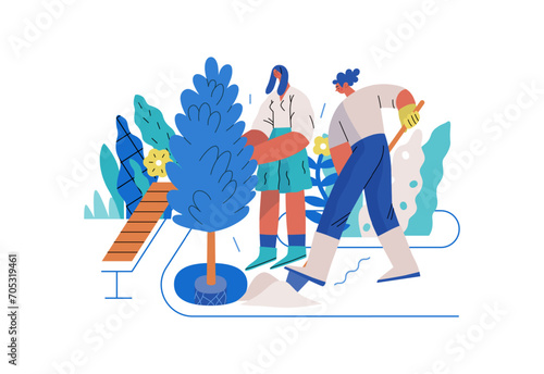 Mutual Support: Community yard improvement -modern flat vector concept illustration of people planting trees and plants A metaphor of voluntary, collaborative exchanges of resource, services