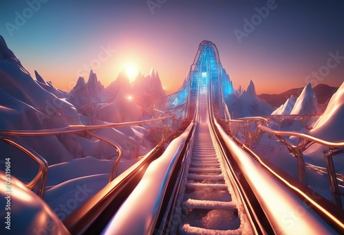 4K Moving through the abstract glossy ice mountains on a sunset background Riding on Roller Coaster with blue Neon Lights Extremely Fast Seamless Looped 3d Animation of Abstract Roller Coaster stock photo