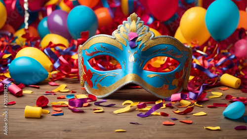 A festa do carnaval com foliões e confete, serpentina, máscaras de uma festa folclórica e popular  photo