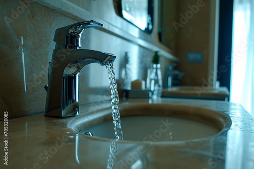 clean water pours from a tap  close-up of pouring water  interior of a modern bathroom