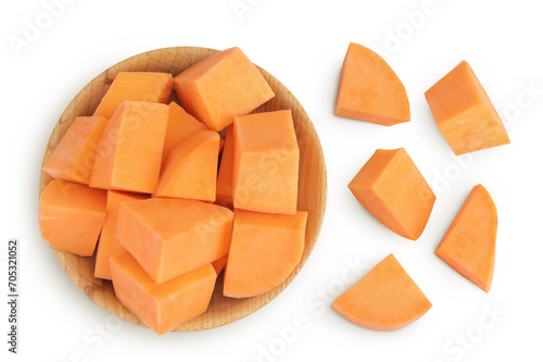 Sweet potato slices in a wooden bowl isolated on white background. Top view. Flat lay