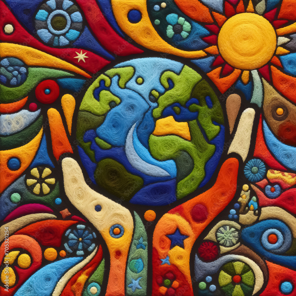 Felt art patchwork, World health day concept, Our planet, our health Felt art patchwork, World health day concept, Our planet, our health