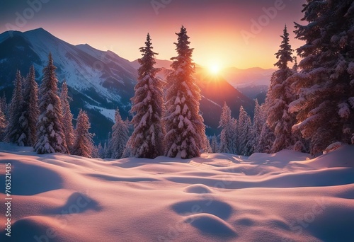 Fantastic winter landscape Magic sunset in the mountains a fros stock photoWinter Snow Landscape Scenery Forest photo