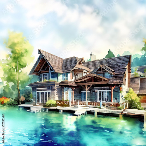 serene vacation lake house, watercolor painting © lali