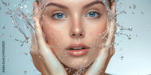Pretty young woman with clean skin and splash of water photo