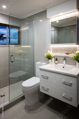 Modern bathroom interior with glass shower enclosure and white vanity