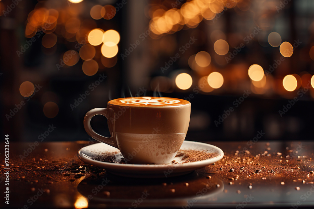 Obraz premium A cup of aromatic cappuccino on a table in a cafe against a background of soft bokeh. Generated by artificial intelligence
