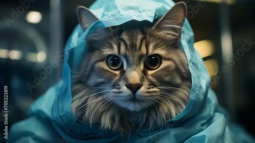 Cat wearing a blue raincoat © duyina1990