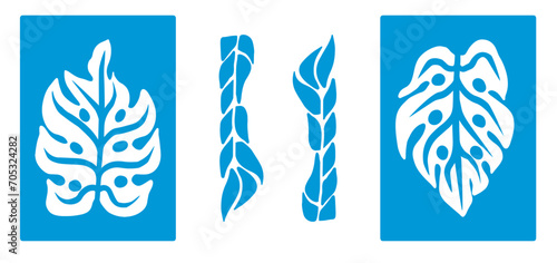 Light blue and white abstract Monstera leaves posters. Minimalist Adam's rib leaves art prints inspired by Matisse. Vector illustration isolated on transparent background.