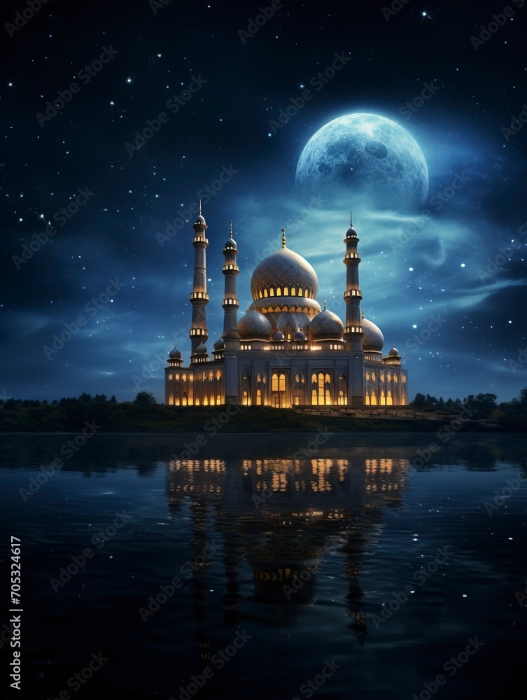 a mystical mosque emits light towards the sky against the background of the night sky, copy space - generative ai