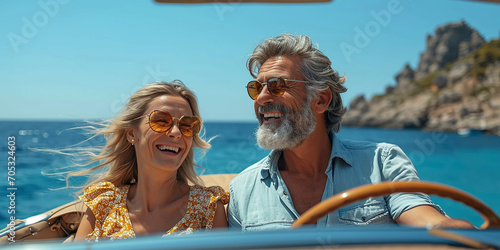Fototapeta Naklejka Na Ścianę i Meble -  Happy couple riding a motorbike on the coast of the island of Capri in Italy