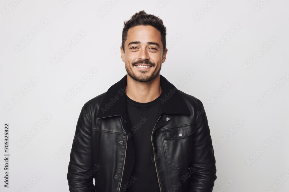 Portrait of handsome young man in leather jacket, smiling at camera. Portrait of handsome young man in leather jacket, smiling at camera.