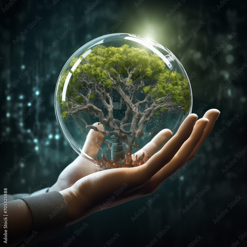 Concept of sustainable energy, glass sphere with world inside, green energy, concept of ecology