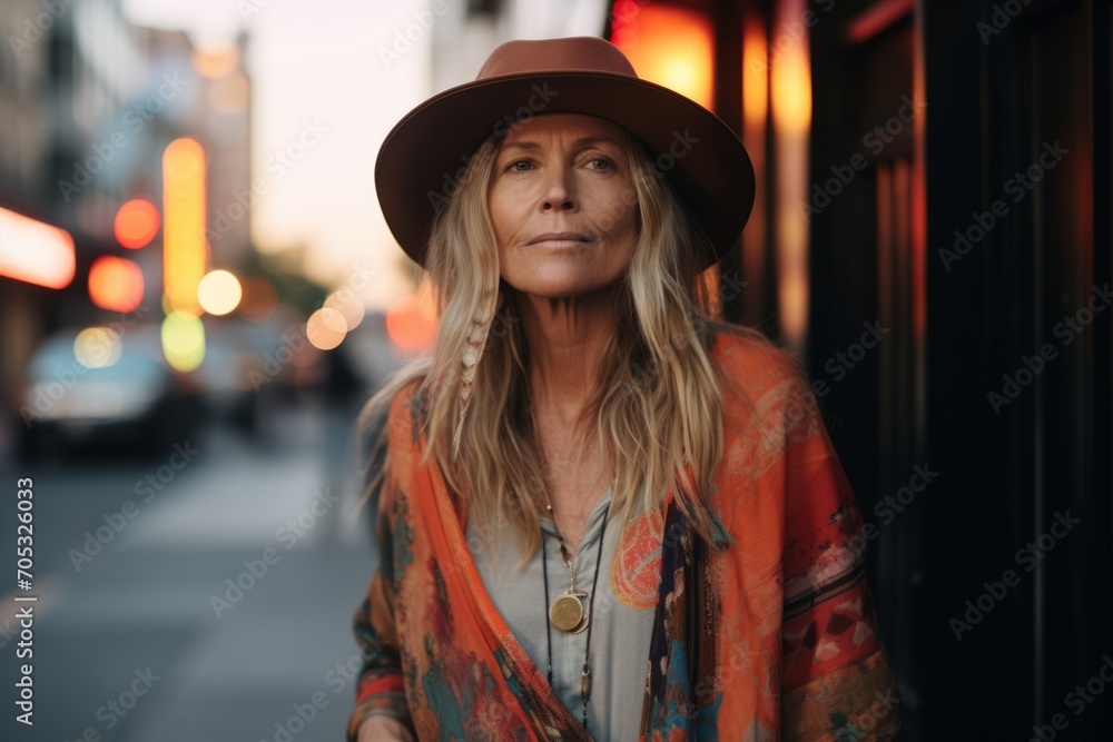 Beautiful middle aged woman in a hat in the city at sunset Beautiful middle aged woman in a hat in the city at sunset