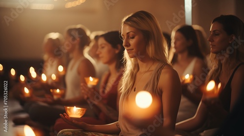 A Group of Women Meditating with Candles,