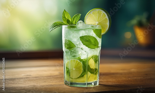 Glass of Mohito - mojito drink placed on a table. Ai illustration, fantasy digital painting