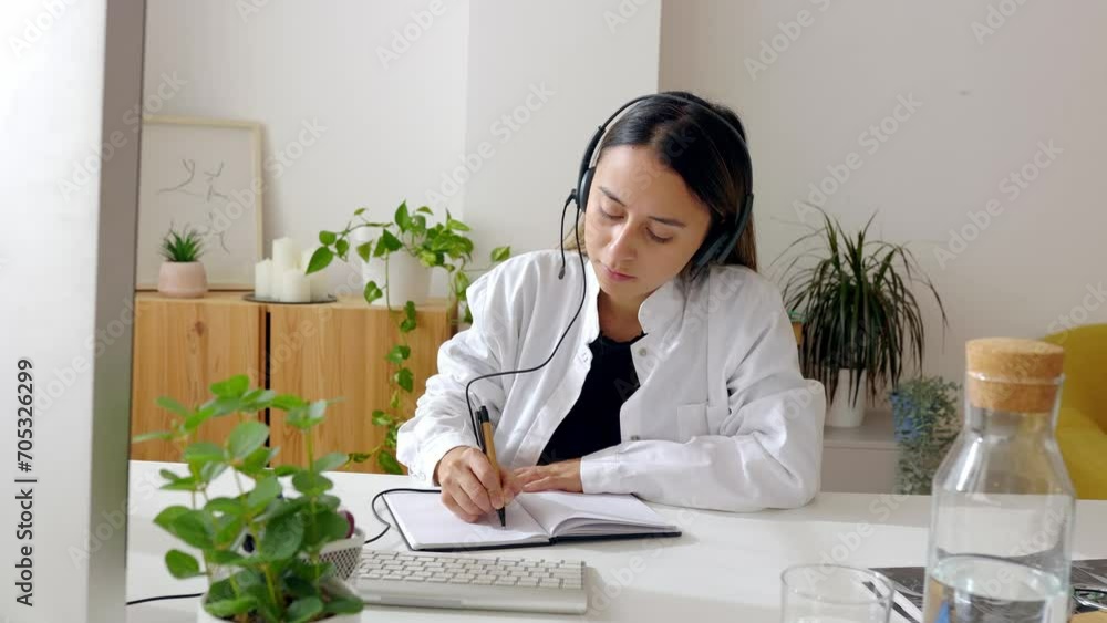 Young female doctor taking notes or writing a medical prescription for her patient while having an online conversation through desktop computer video call in the hospital Young female doctor taking notes or writing a medical prescription for her patient while having an online conversation through desktop computer video call in the hospital