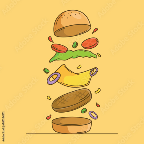 Illustration vector graphic of delicious floating hamburger, with flying ingredients isolated on white background, cut cartoon kids design style