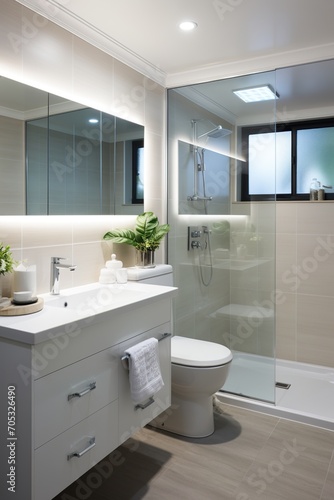 Modern bathroom interior with large shower and vanity
