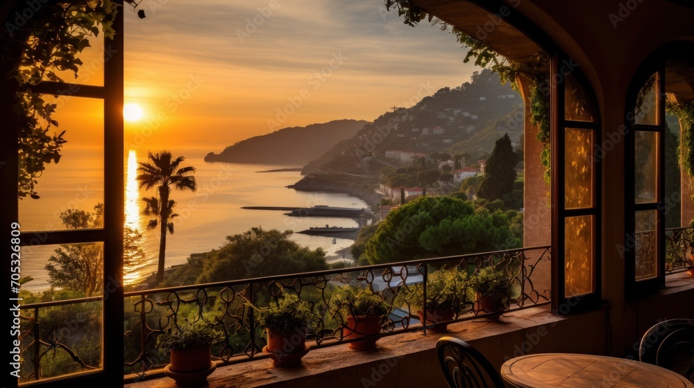 Fototapeta premium View of the bay from a beautiful and charming villa during sunrise