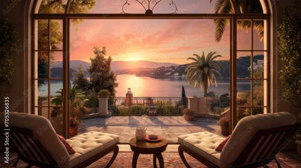 Fototapeta premium View of the bay from a beautiful and charming villa during sunrise