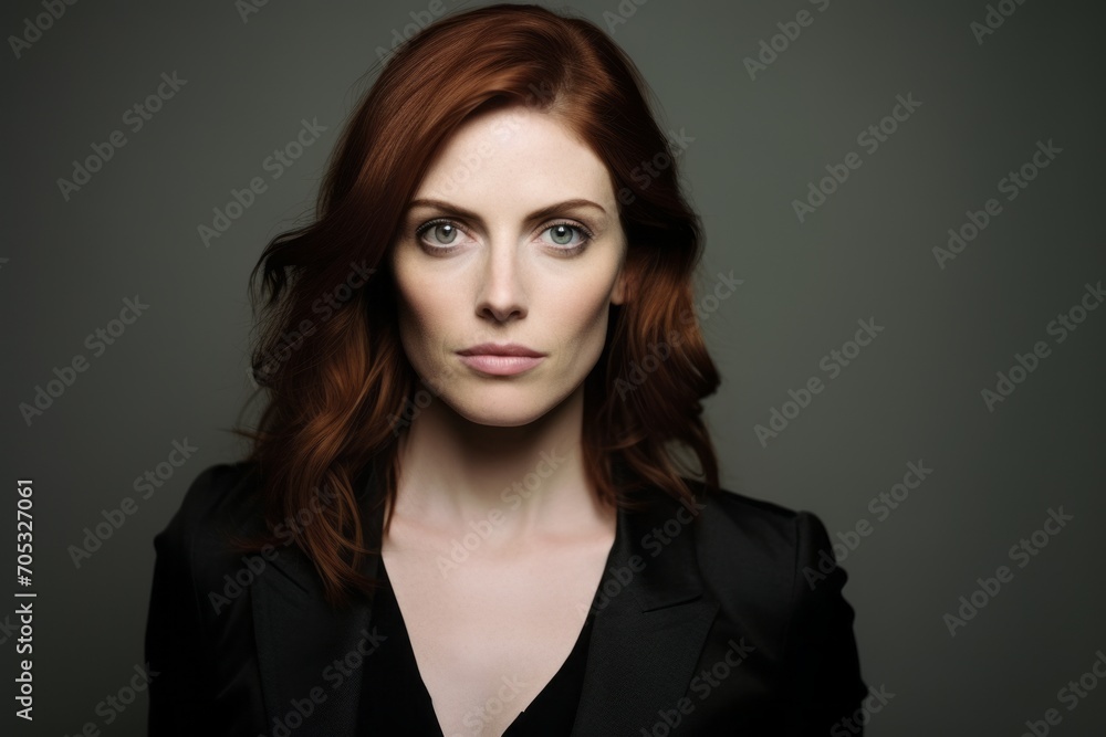 Portrait of a beautiful young businesswoman with red hair on a gray background Portrait of a beautiful young businesswoman with red hair on a gray background