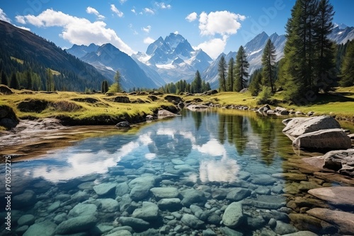 Stunning mountain landscape with crystal clear river and lush green meadows