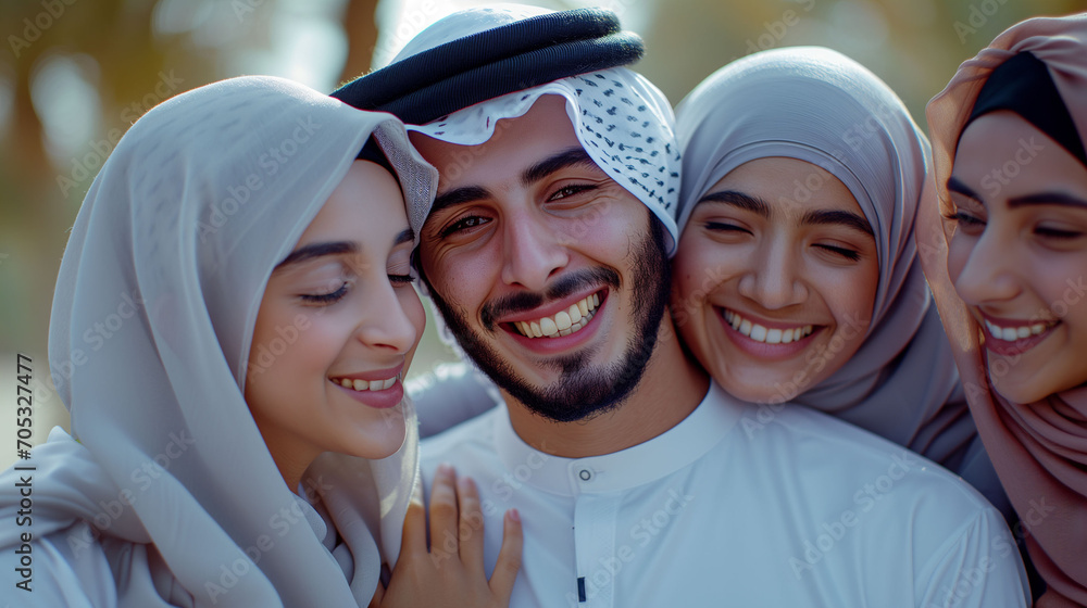 Arab Millionaire Sheikh in Traditional Attire with Wives Wearing Hijabs ...