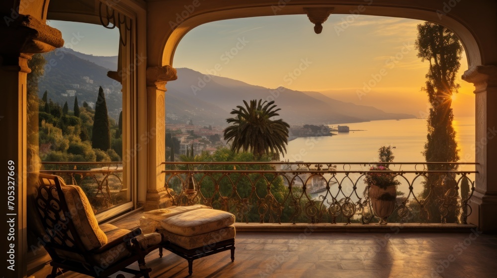 View of the bay from a beautiful and charming villa during sunrise View of the bay from a beautiful and charming villa during sunrise
