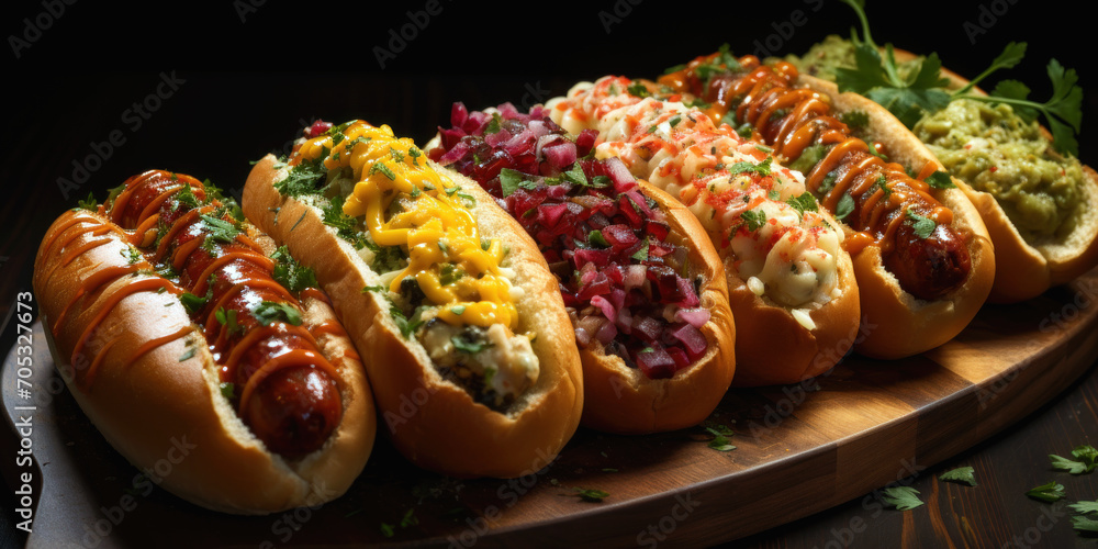  Gourmet Hot Dogs with Assorted Toppings on Wooden Board. Generative AI. - obrazy, fototapety, plakaty 